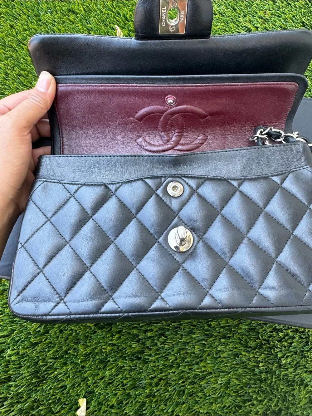 CHANEL Black Quilted Lambskin Shoulder Bag with Silver CC Lock